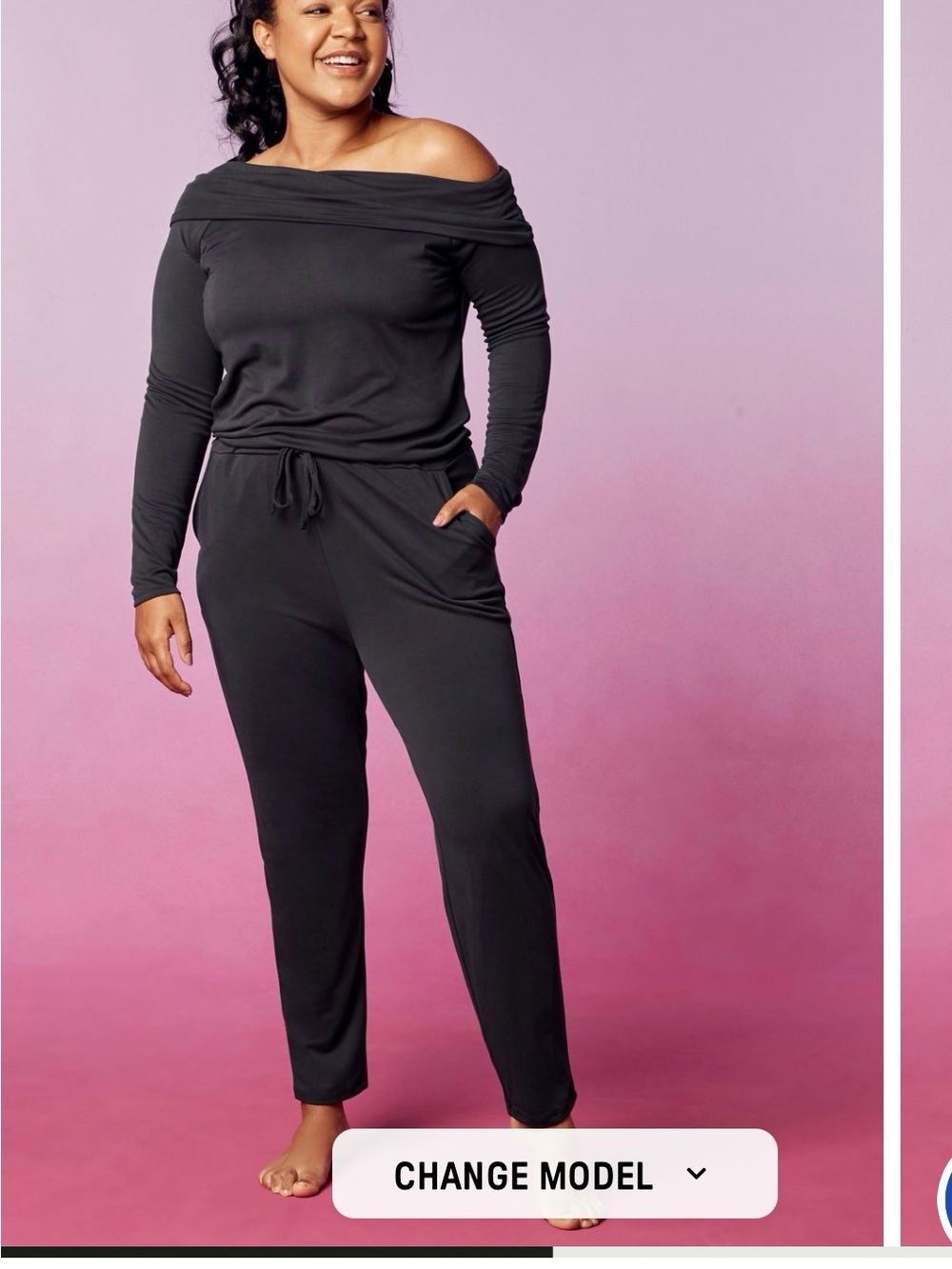 Fabletics Women’s Black Solid Off-Shoulder Long Sleeve Jumpsuit Pockets L - Picture 2 of 7